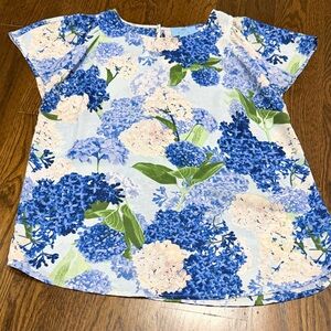 CeCe Blue and White Hydrangea Floral Blouse